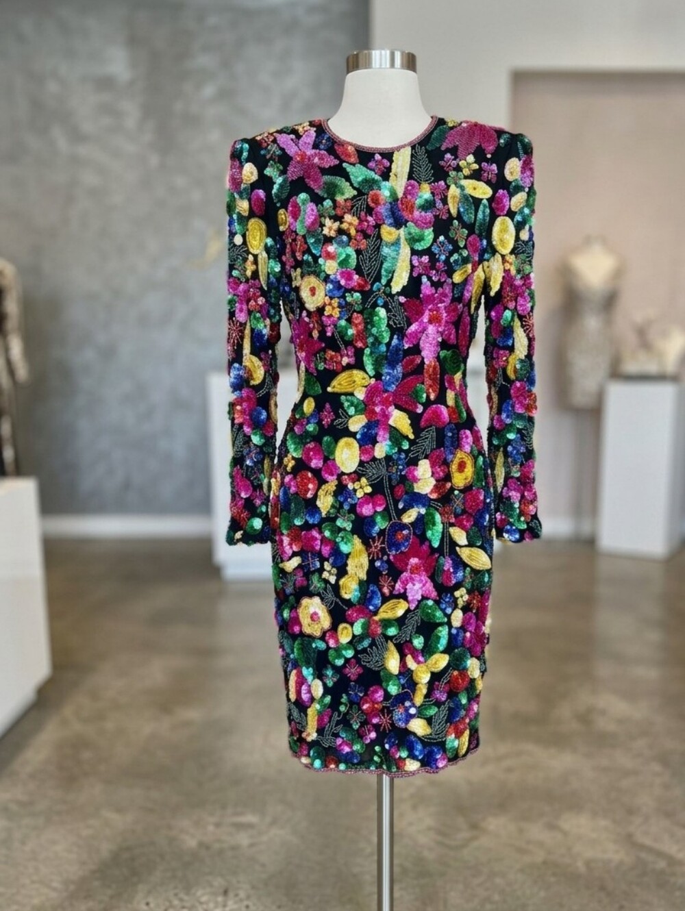 Joan Leslie Evening Vintage Multicolor Sequin Floral Silk Cocktail Party Dress 6